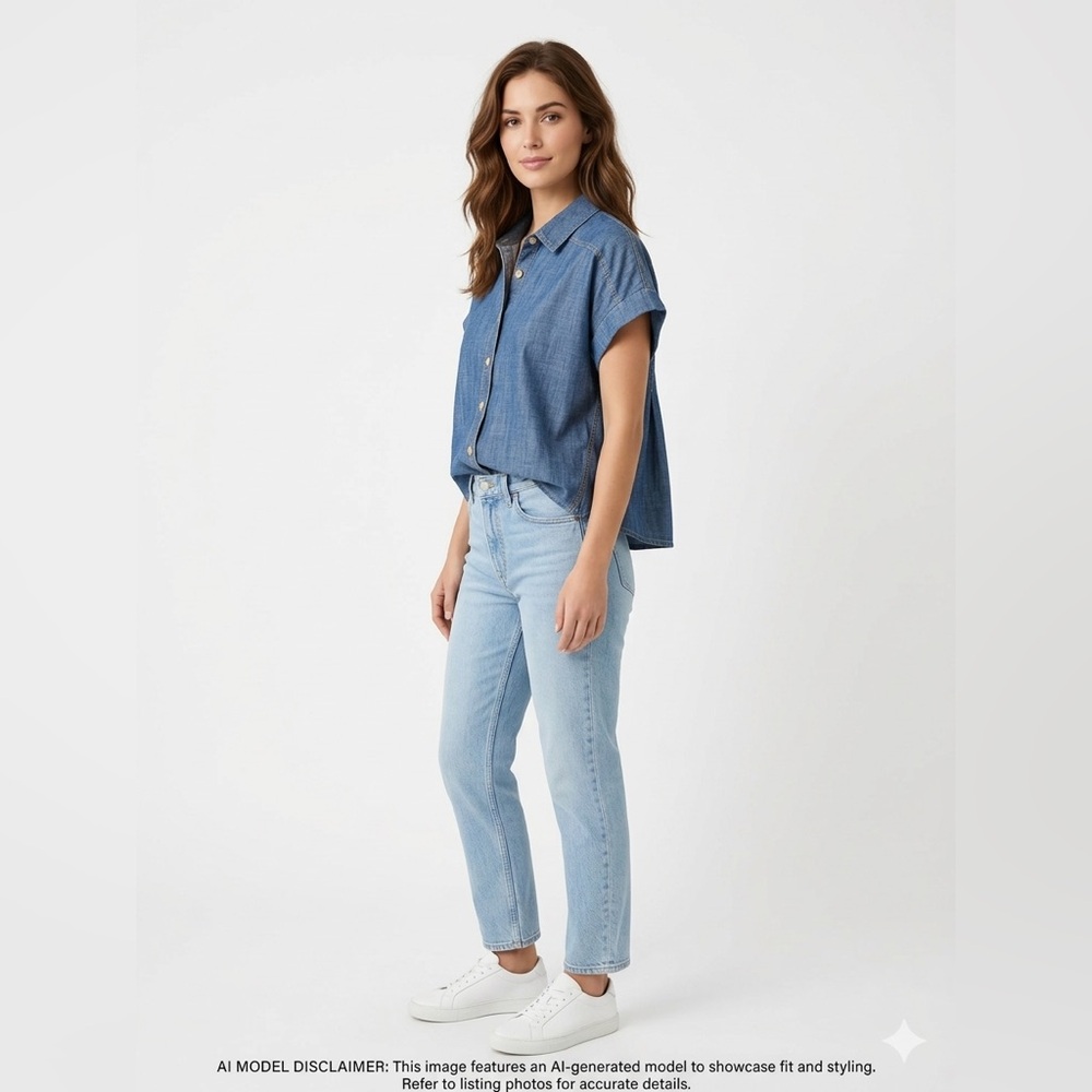 PILCRO ANTHROPOLOGIE BUTTON DOWN SHORT SLEEVE CHAMBRAY SHIRT BLUE M
